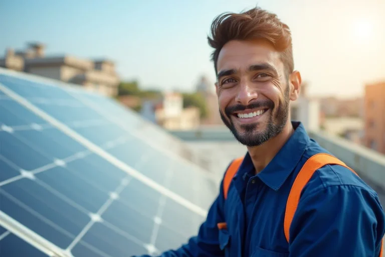 Friendly Pakistani male technician from Solar Brite providing solar panel cleaning services in Karachi on a rooftop using eco-friendly methods.