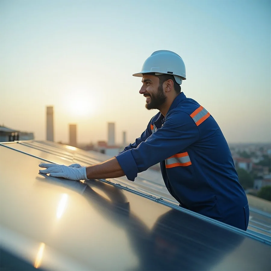 Solar Panel Cleaning Company in Karachi - Solar Brite technician cleaning rooftop solar panels using eco-friendly equipment
