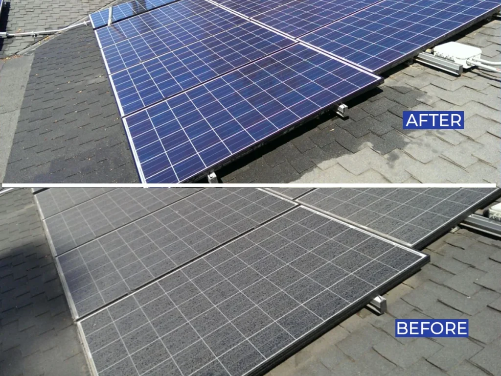 Why Karachi Chooses Solar Brite: before and after image showing solar panels cleaned by Solar Brite in Karachi, with dusty panels on the left and spotless, shiny panels on the right under bright sunlight.